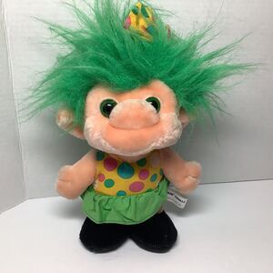 Trolio Troll Plush 8” Doll Polka Dot Dress Bright Green Hair Vintage 1992